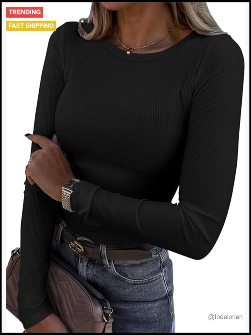 Women's Long Sleeve Ribbed T-Shirt Fitted Crewneck Casual Basic Top Stretchy